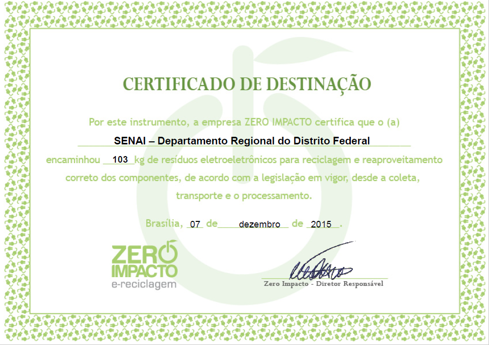senai df certificado destinacao residuos solidos